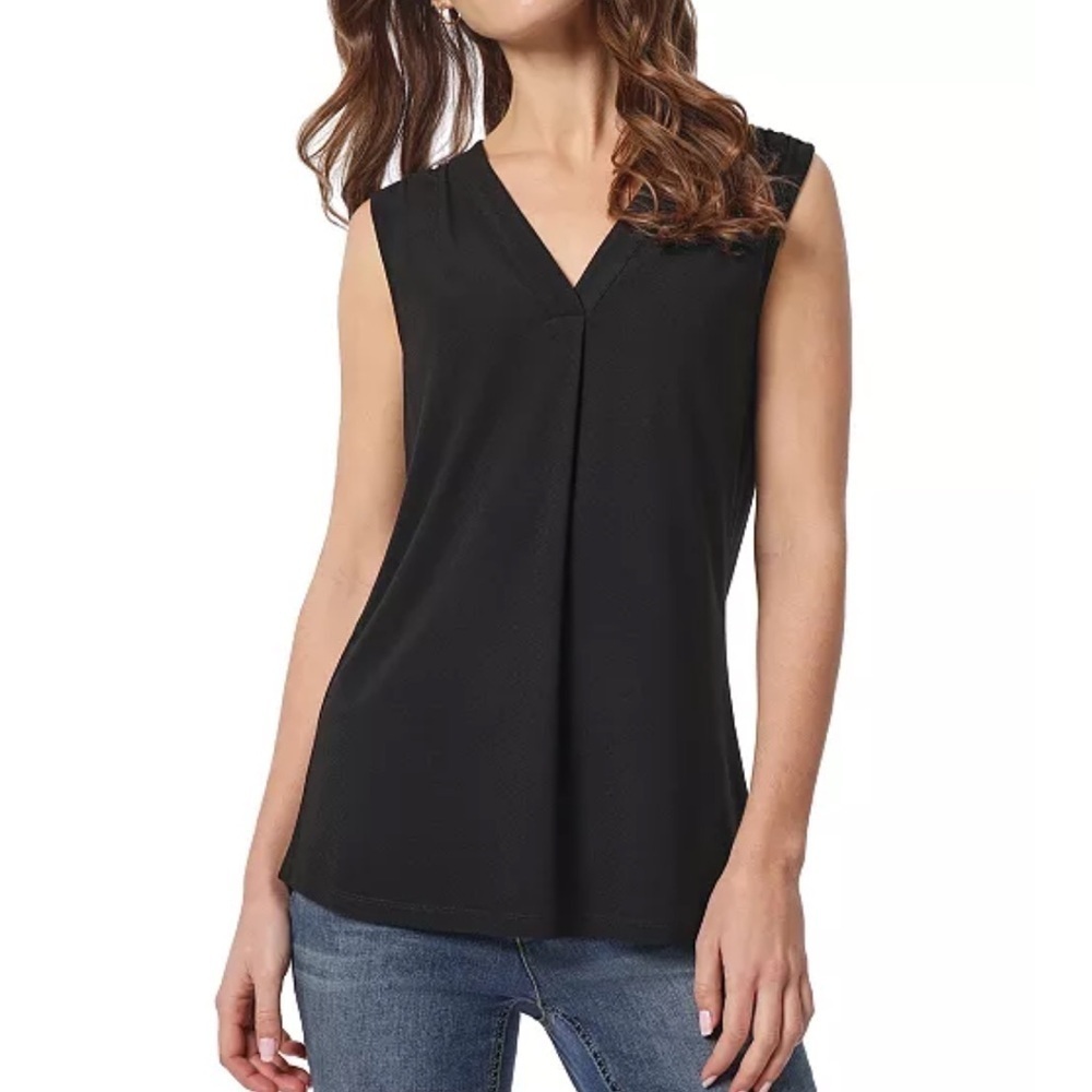 Jones & Co Jones New York Womens Size Large Sleeveless Crepe Blouse Black V-Neck